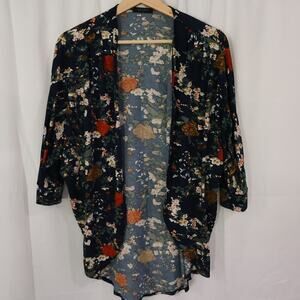 Scobe Kimomo Size Medium Open Front Blazer Blue Floral Rayon Asymmetric Hem